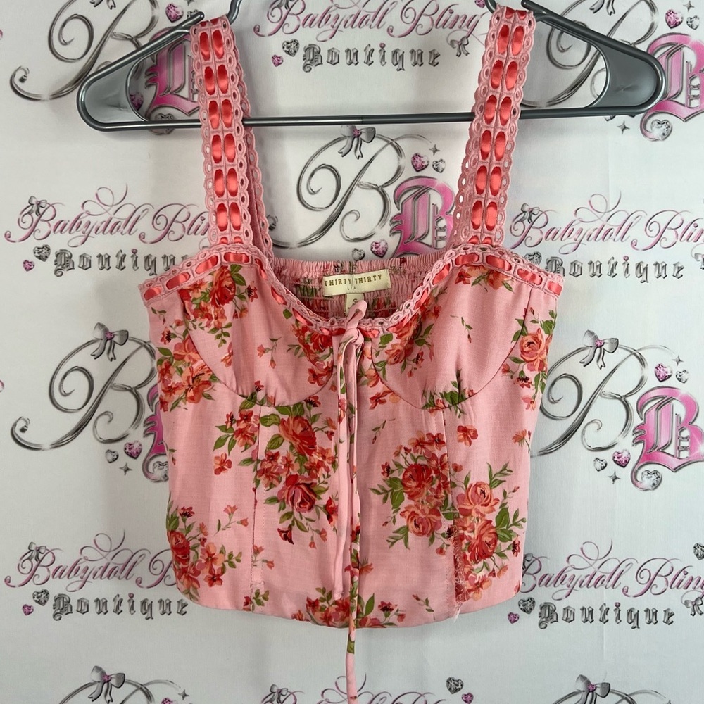 Thirty thirty LA crop top bustier lace up details sexy y2k Pink Floral Crop Top